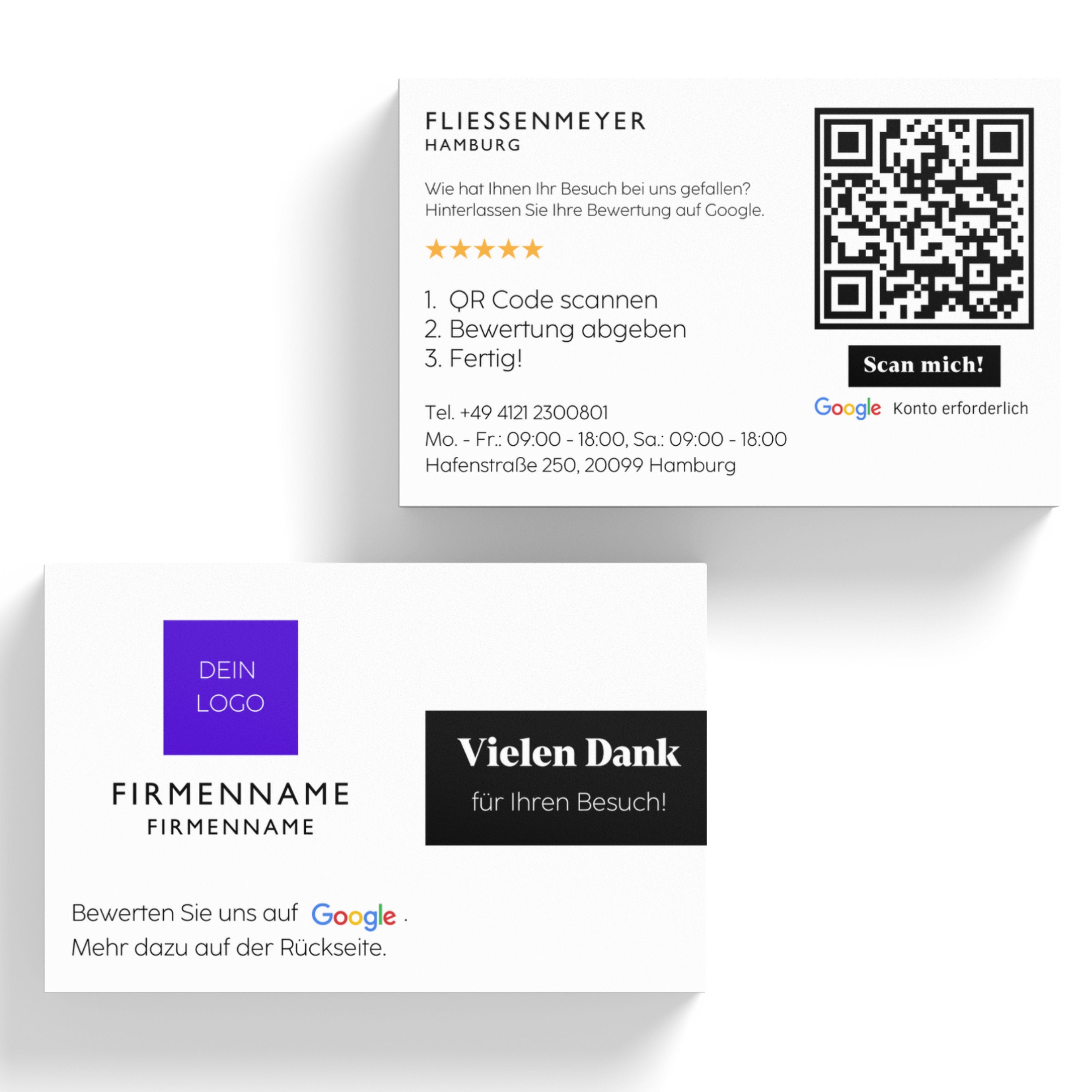Klassisch Google Bewertungskarten Visitenkarte mit QR-Code und Logo | Dankeskarten Aktiv Verfügbarkeitsbenachrichtigungen: 0 - ReviewMe