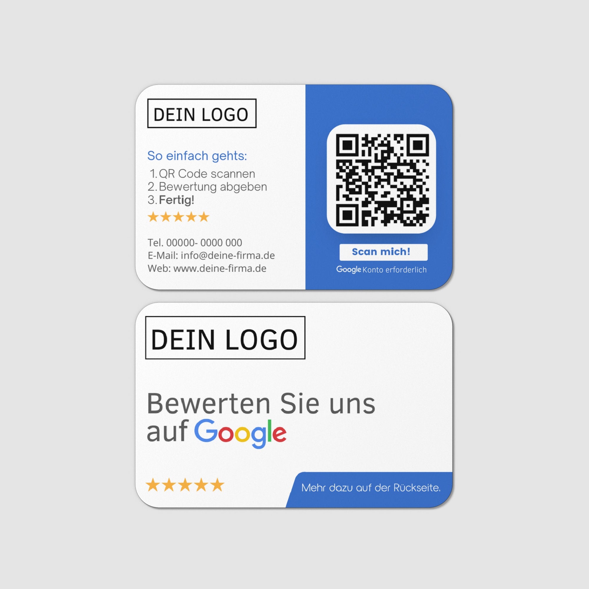 Bewertungskarten mit Kontaktdaten, Logo für Google Bewertung - ReviewMe
