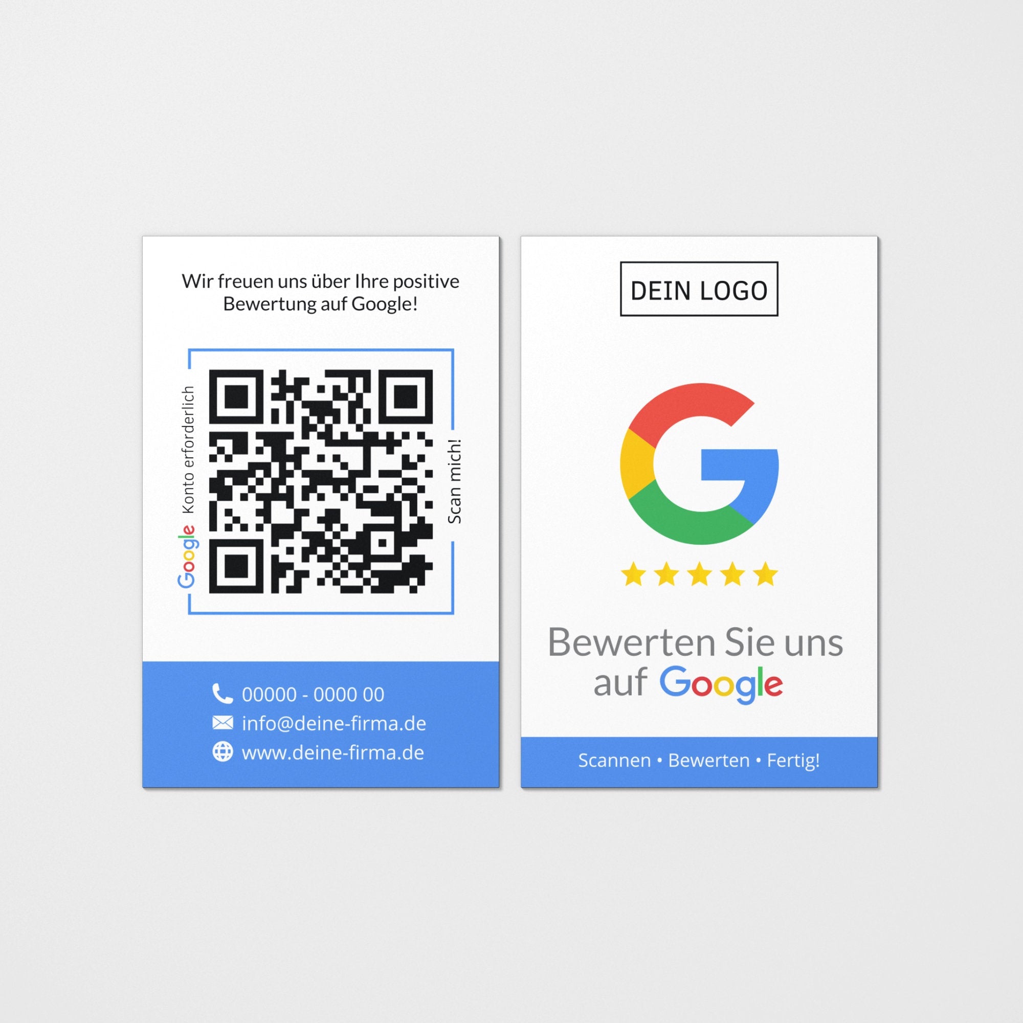 Bewertungskarten mit Kontaktdaten, Logo für Google Bewertung - ReviewMe