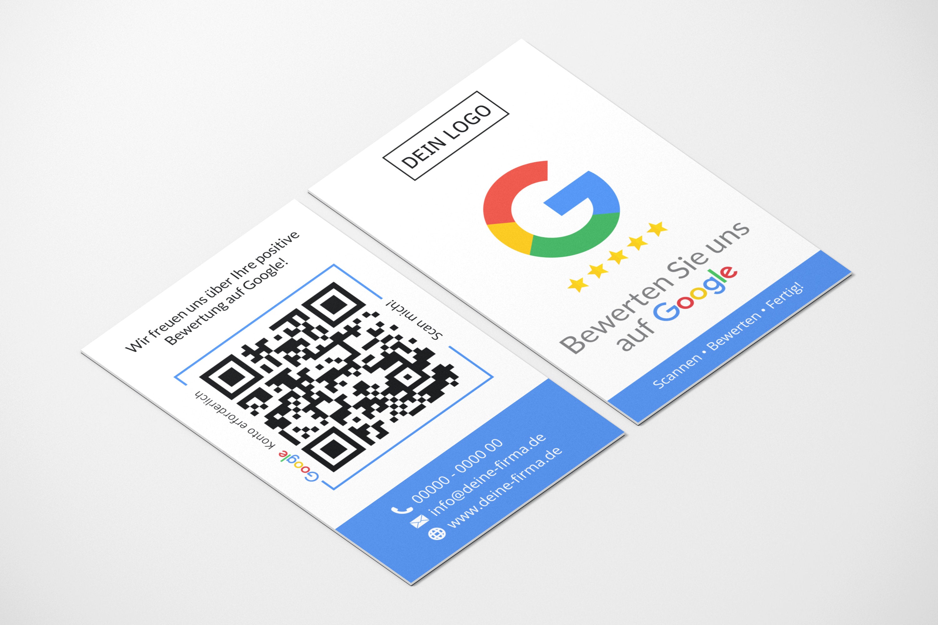Bewertungskarten mit Kontaktdaten, Logo für Google Bewertung - ReviewMe