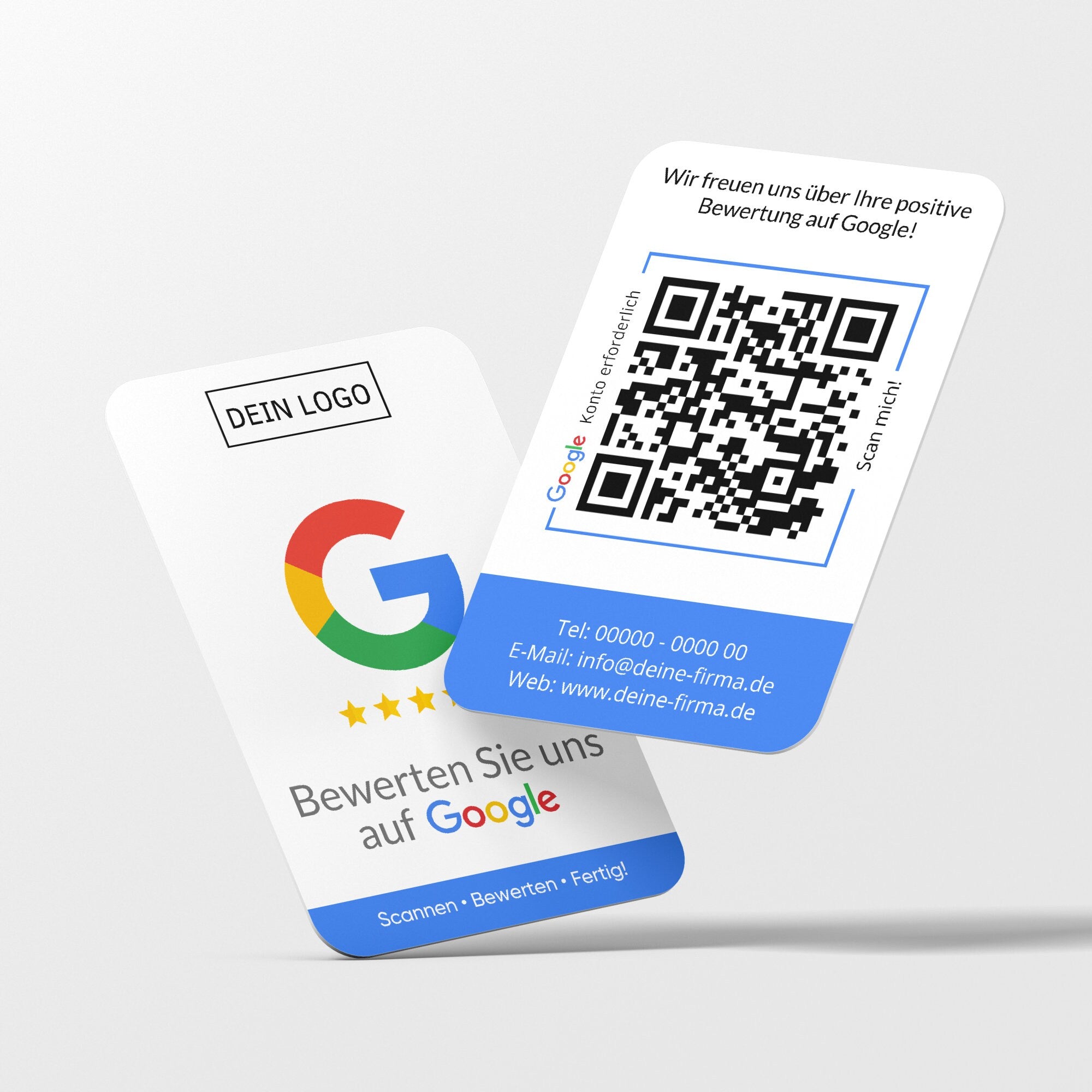Blaue Bewertungskarten mit Logo für Google mit QR-Code - ReviewMe