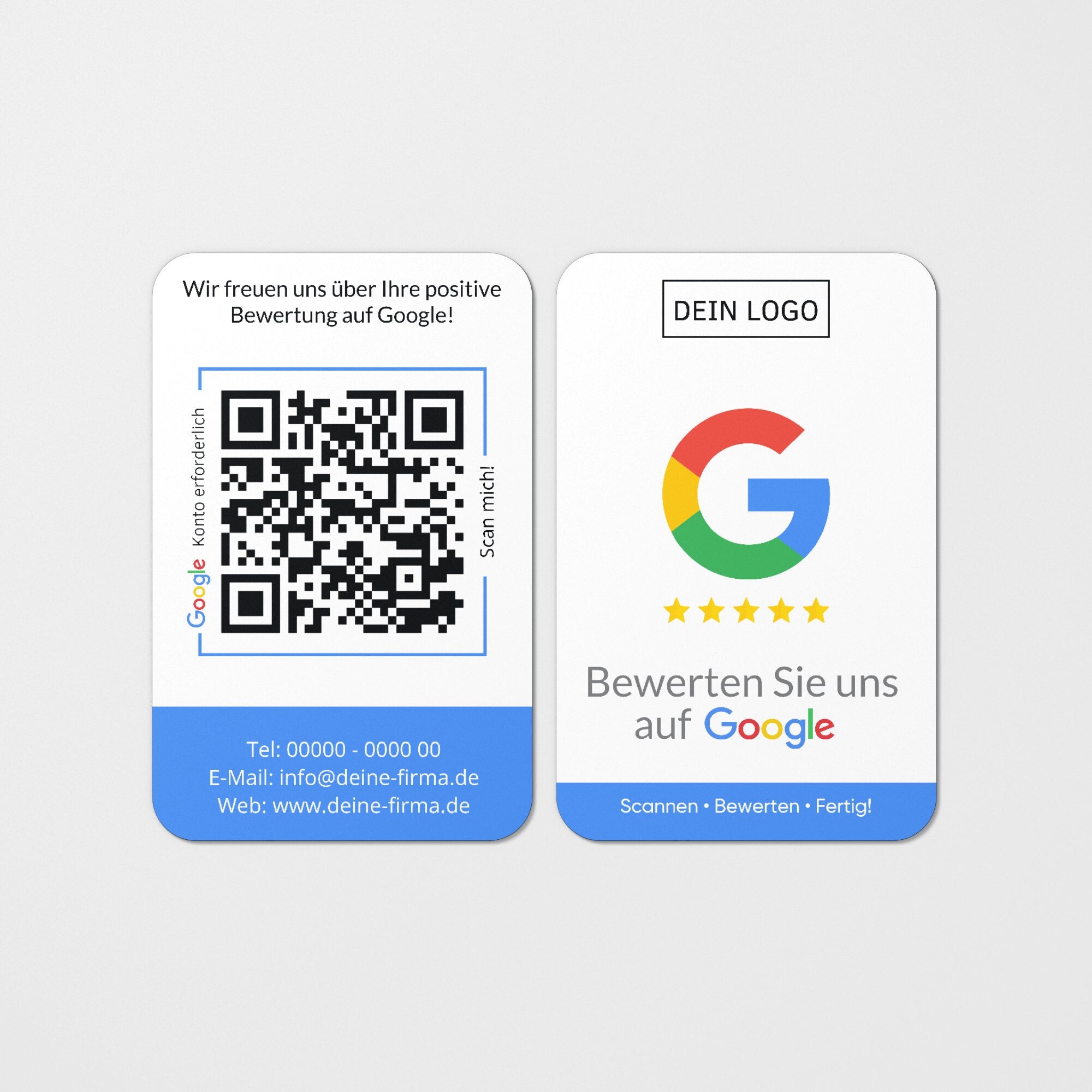 Blaue Bewertungskarten mit Logo für Google mit QR-Code - ReviewMe