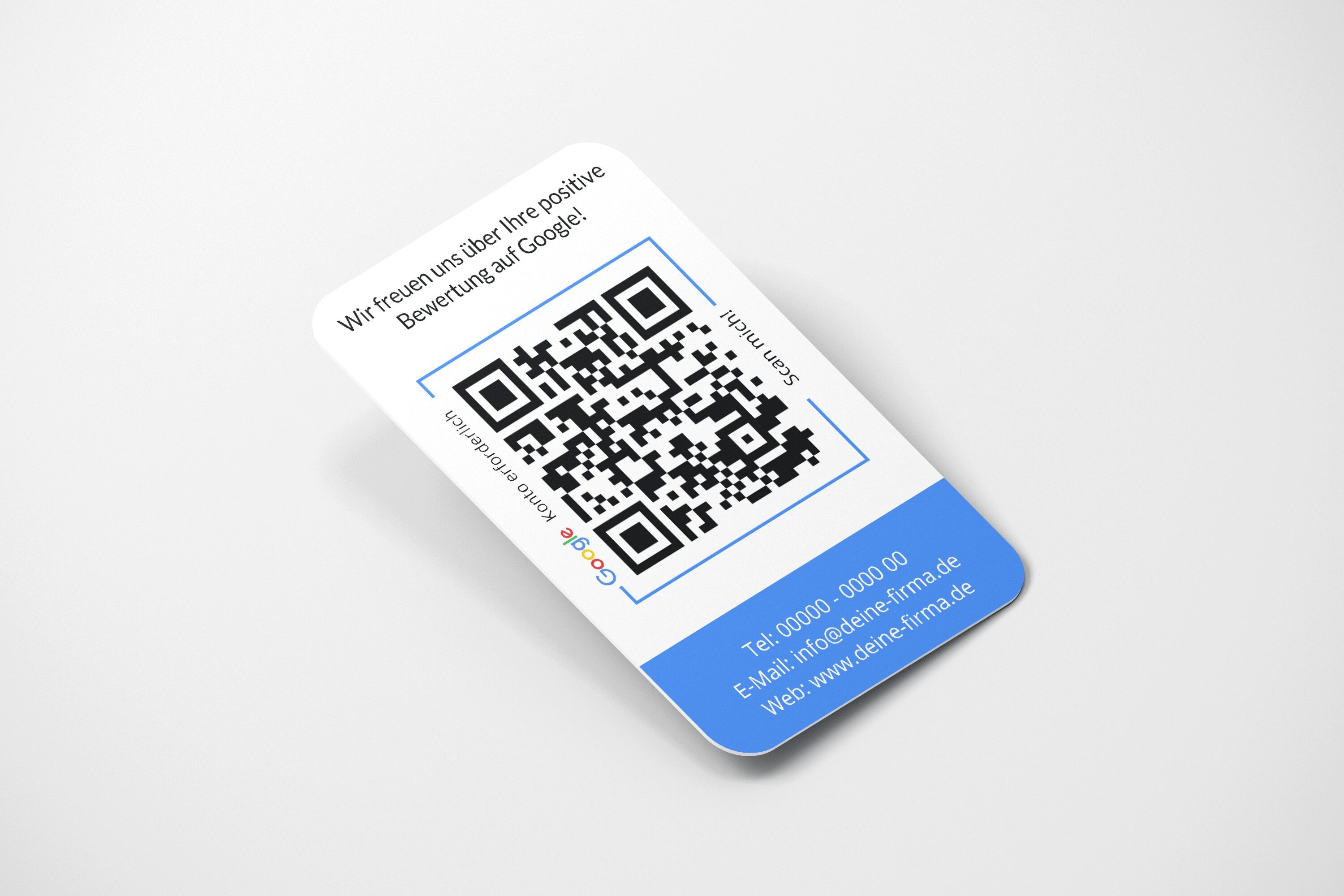 Blaue Bewertungskarten mit Logo für Google mit QR-Code - ReviewMe