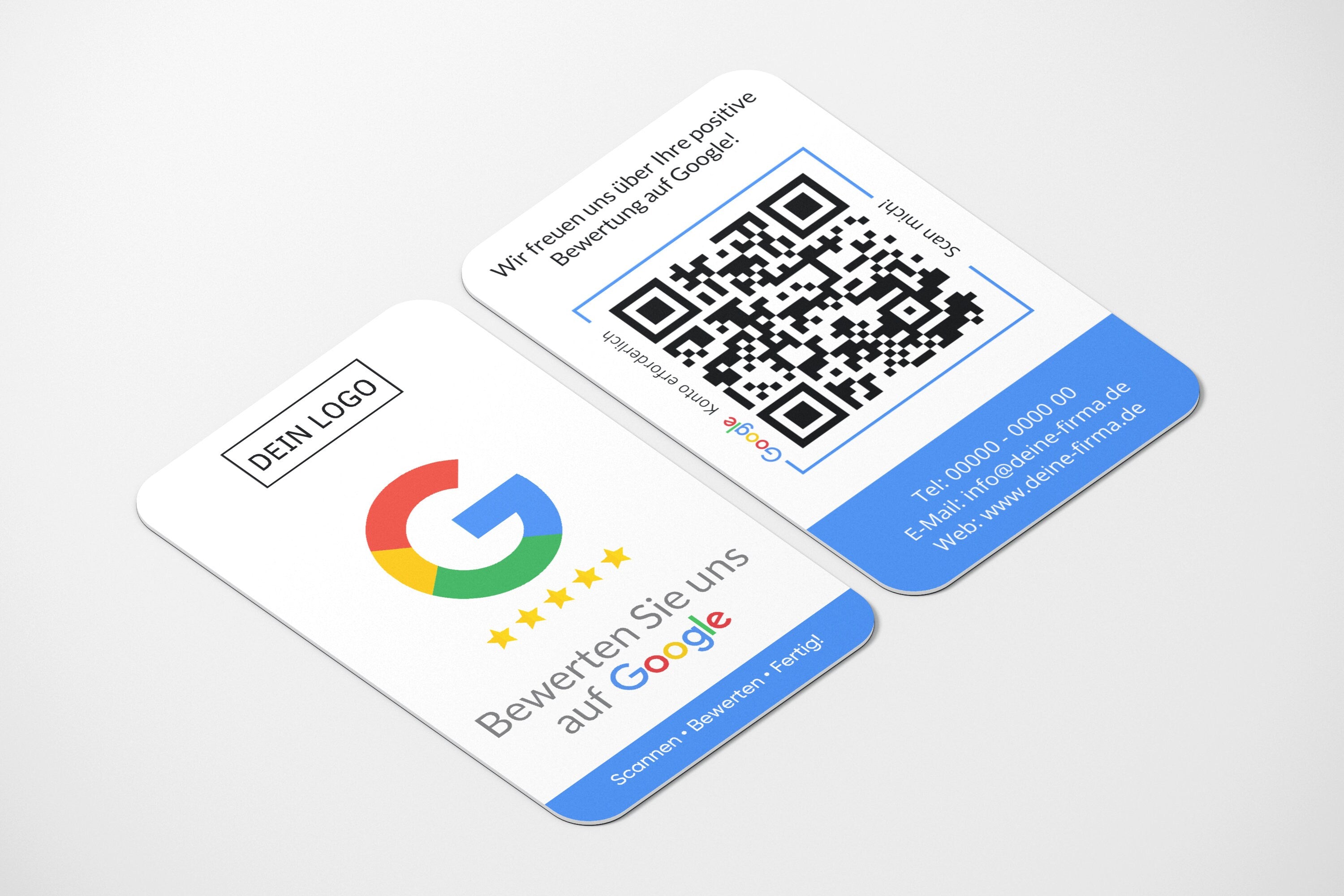 Blaue Bewertungskarten mit Logo für Google mit QR-Code - ReviewMe