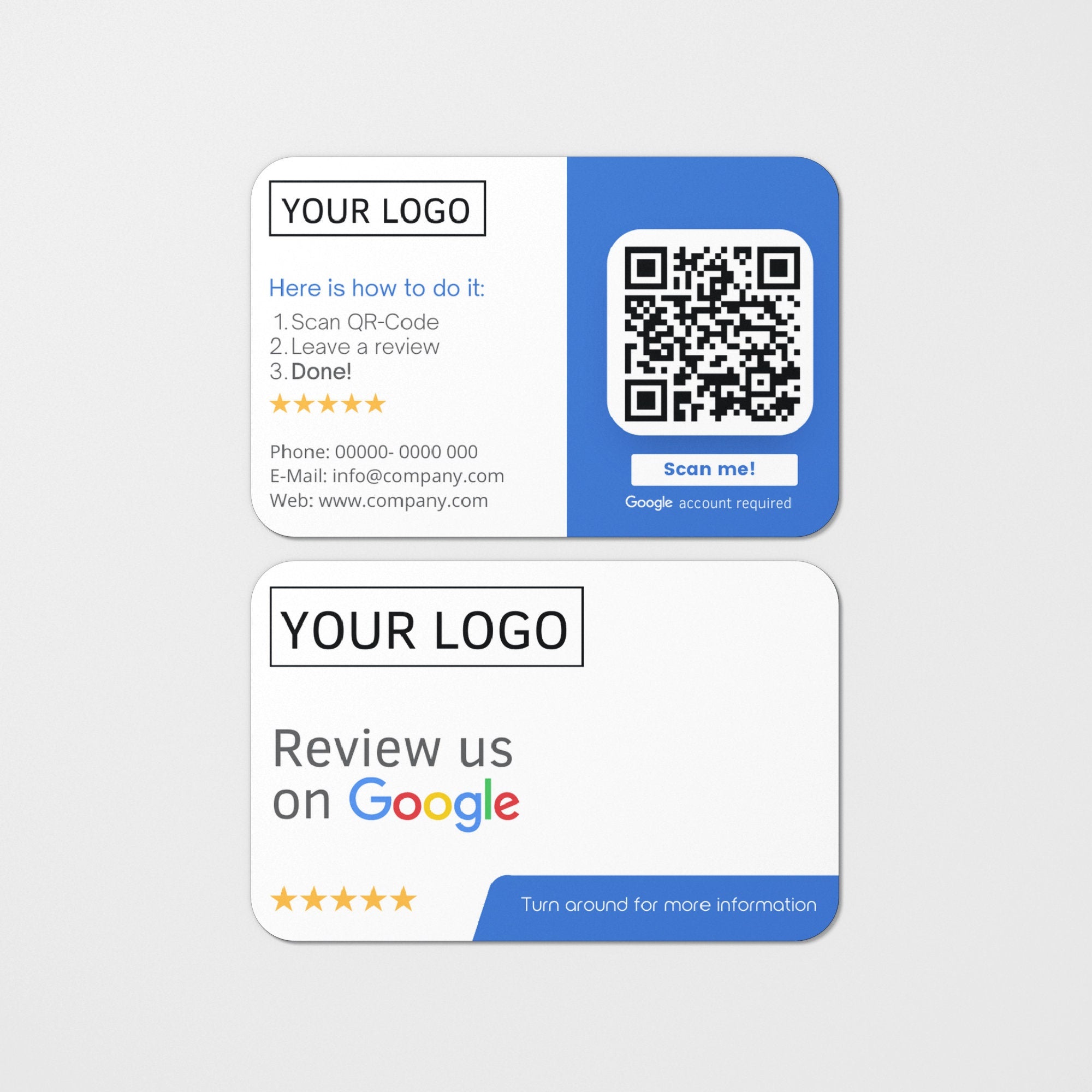Bewertungskarten mit Kontaktdaten, Logo für Google Bewertung - ReviewMe