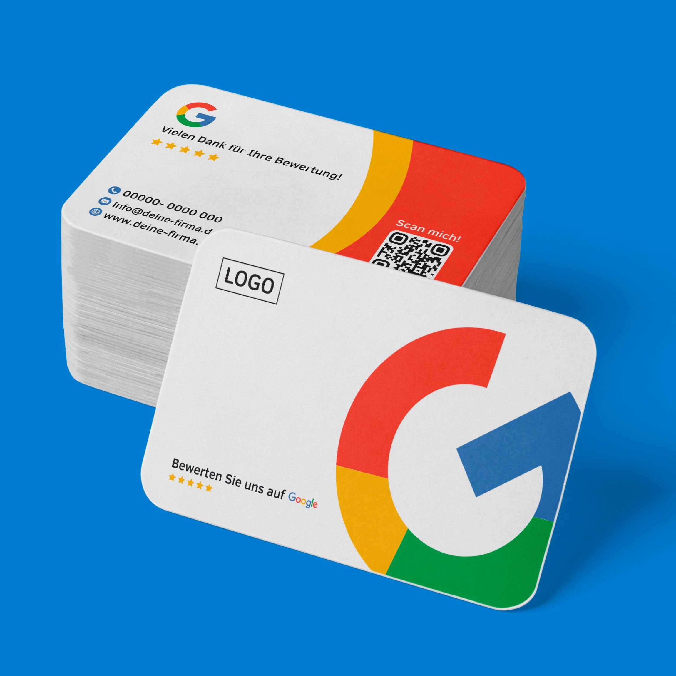 Elegante Google Bewertungskarten – Weiß mit Rot-Gelben Details, Firmenlogo & Kontaktdaten - ReviewMe