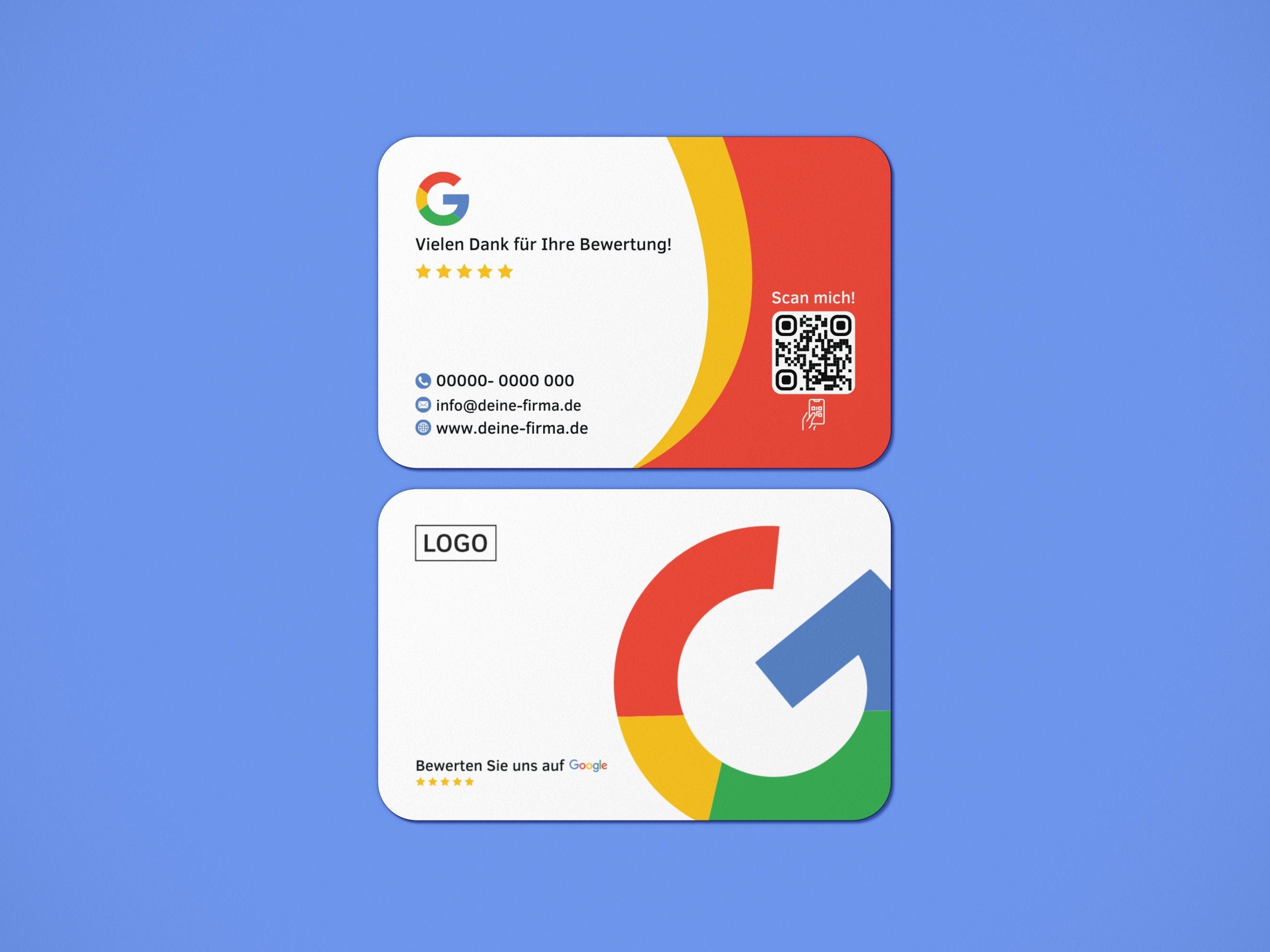 Elegante Google Bewertungskarten – Weiß mit Rot-Gelben Details, Firmenlogo & Kontaktdaten - ReviewMe