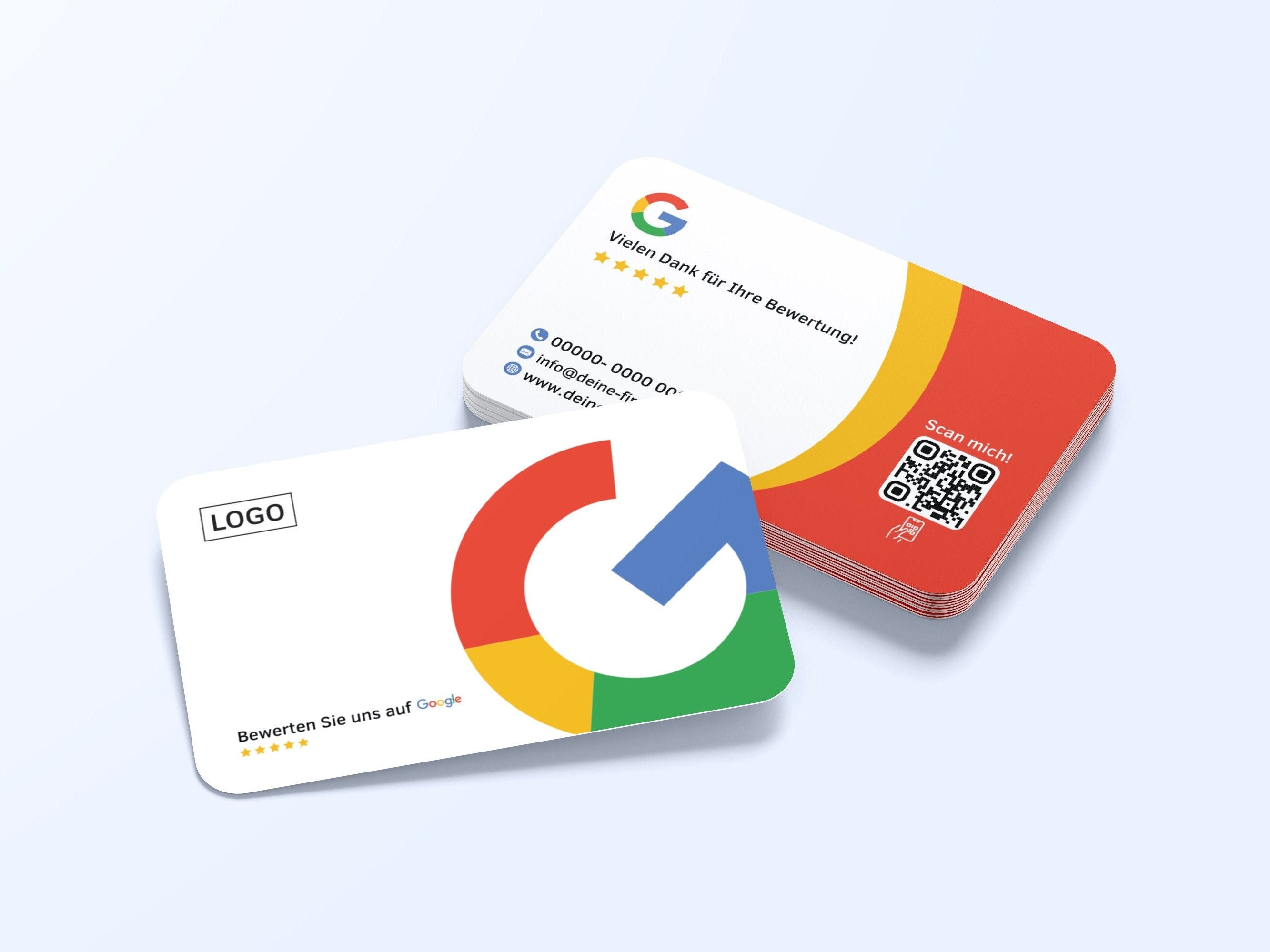 Elegante Google Bewertungskarten – Weiß mit Rot-Gelben Details, Firmenlogo & Kontaktdaten - ReviewMe