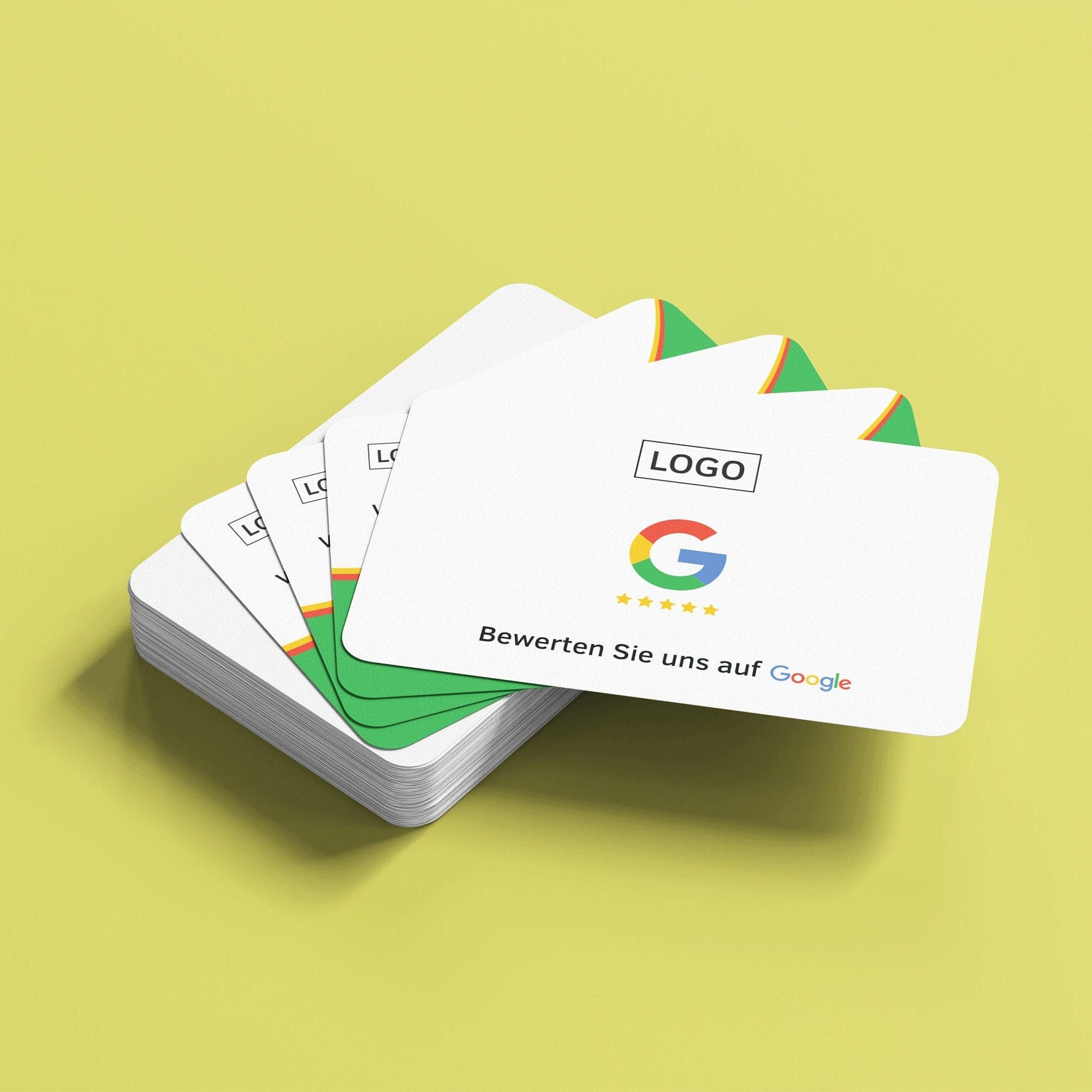 Google Bewertungskarten – Weiß mit Rot-Grünen Akzenten und Firmenlogo, QR-Code, Kontaktinfos - ReviewMe