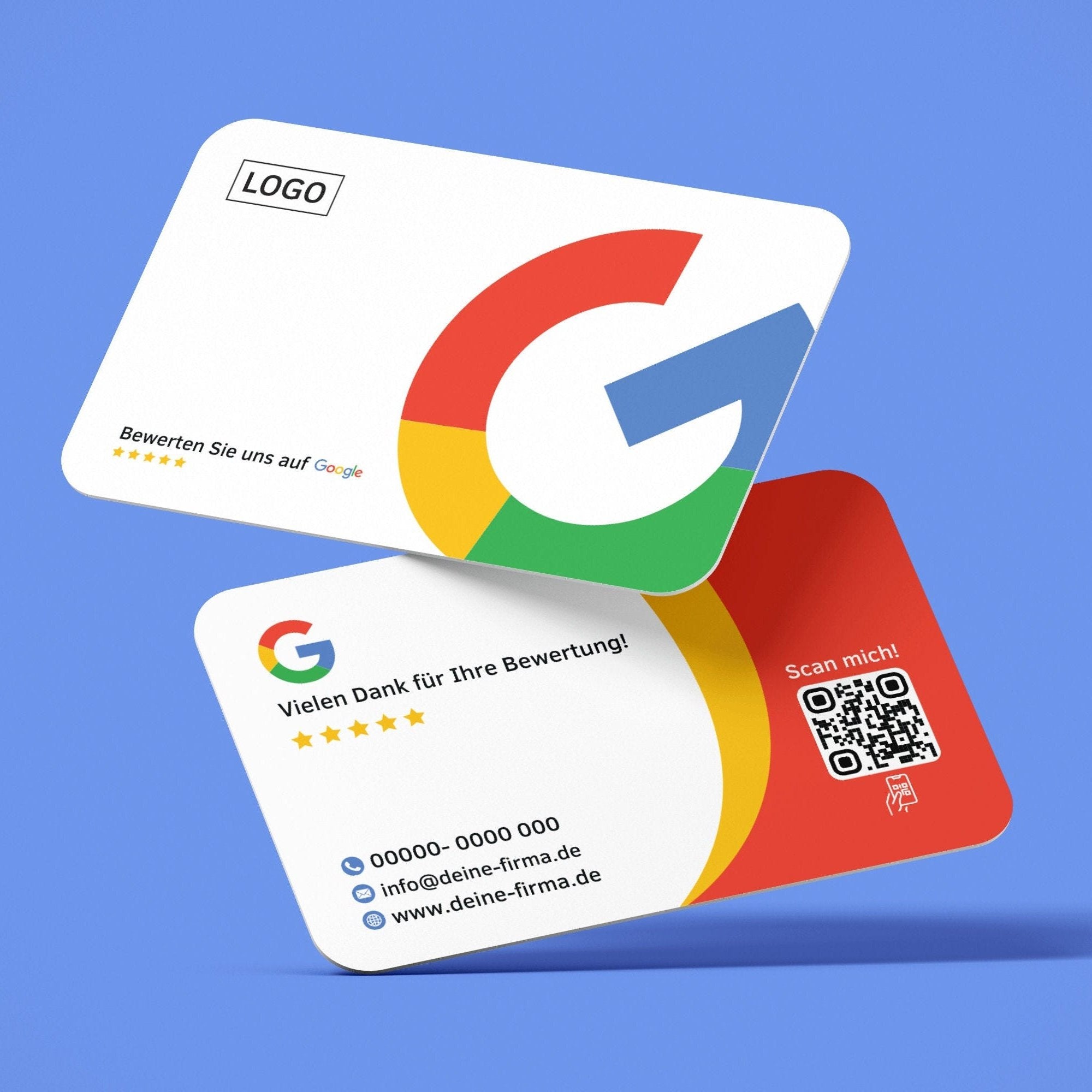 Elegante Google Bewertungskarten – Weiß mit Rot-Gelben Details, Firmenlogo & Kontaktdaten - ReviewMe