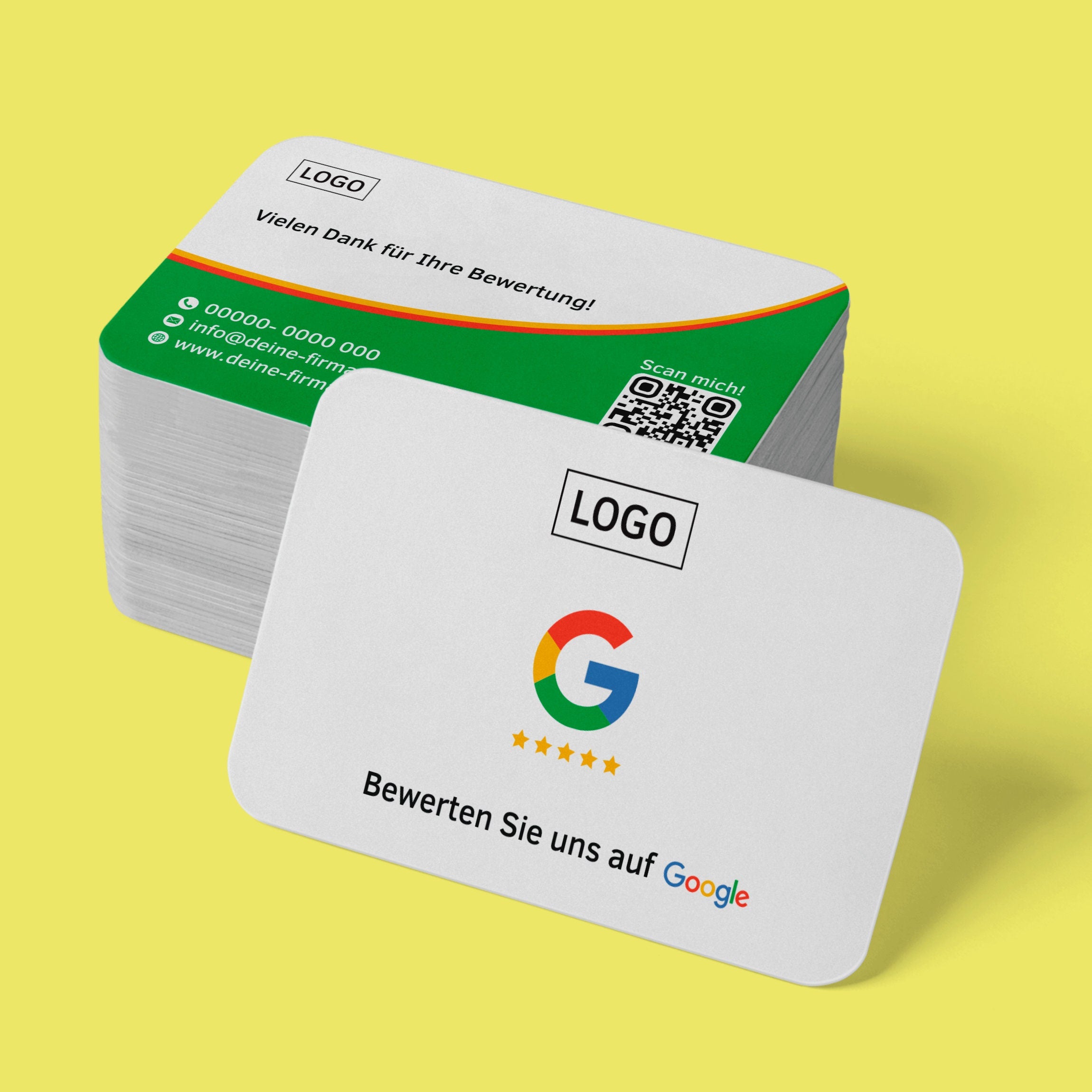 Google Bewertungskarten – Weiß mit Rot-Grünen Akzenten und Firmenlogo, QR-Code, Kontaktinfos - ReviewMe