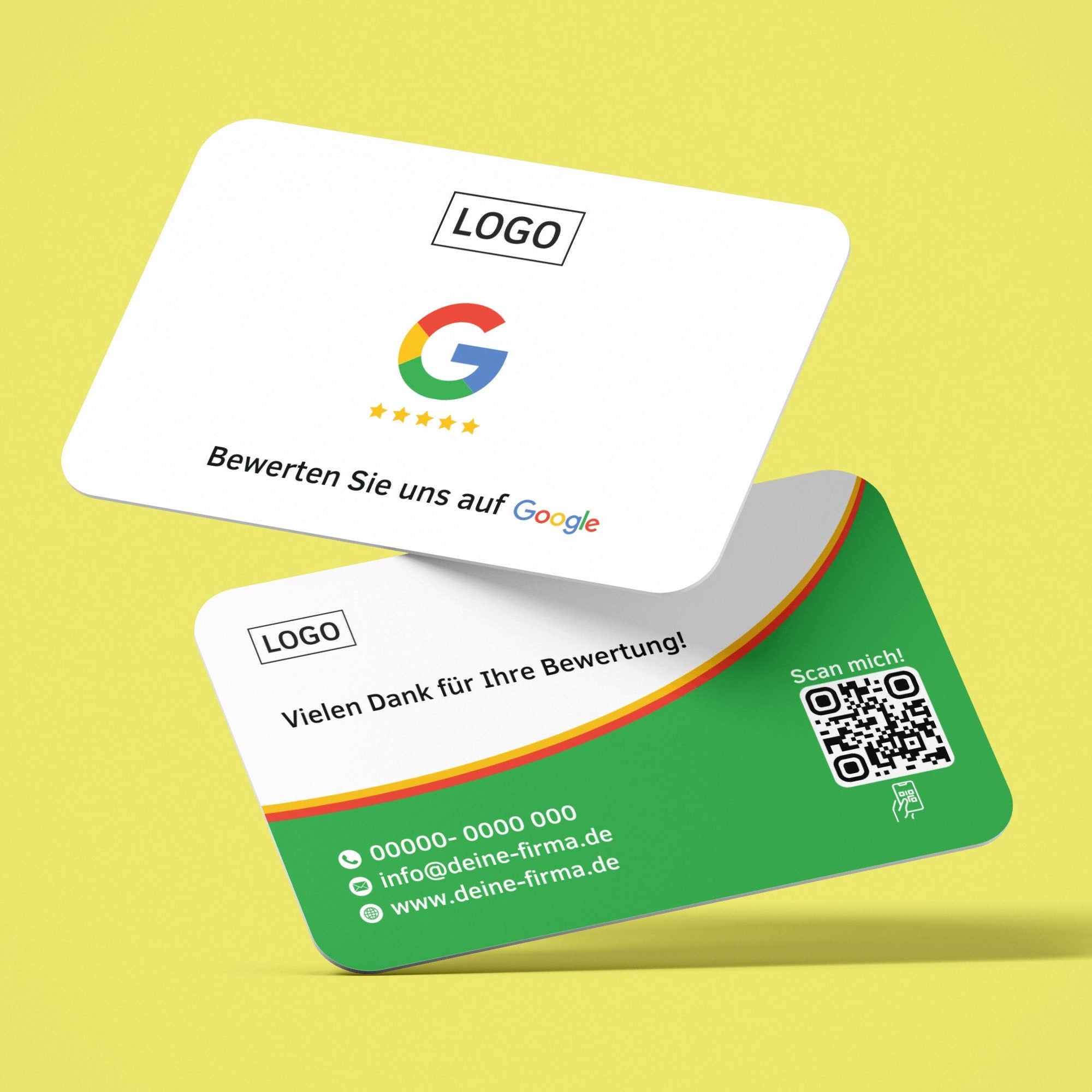 Google Bewertungskarten – Weiß mit Rot-Grünen Akzenten und Firmenlogo, QR-Code, Kontaktinfos - ReviewMe