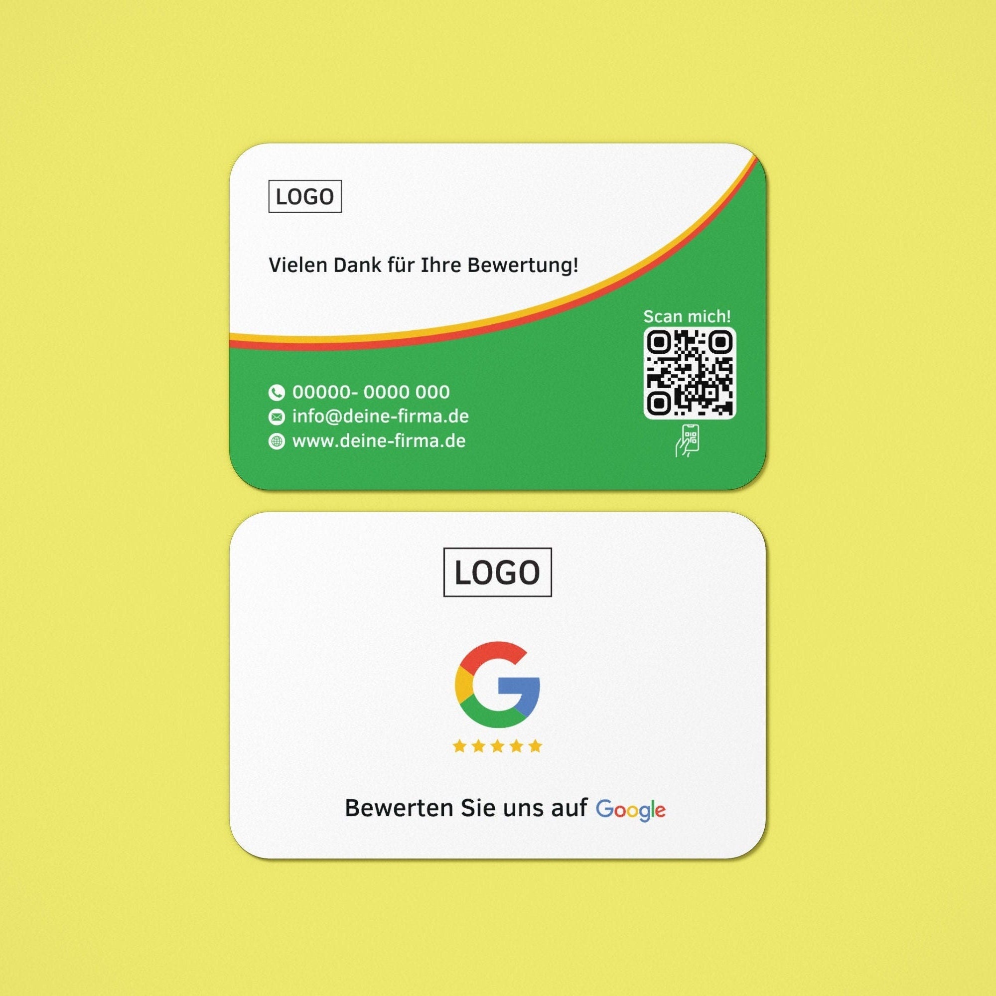 Google Bewertungskarten – Weiß mit Rot-Grünen Akzenten und Firmenlogo, QR-Code, Kontaktinfos - ReviewMe