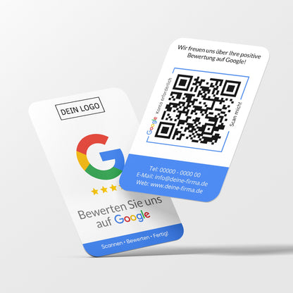 Blaue Bewertungskarten mit Logo für Google mit QR-Code