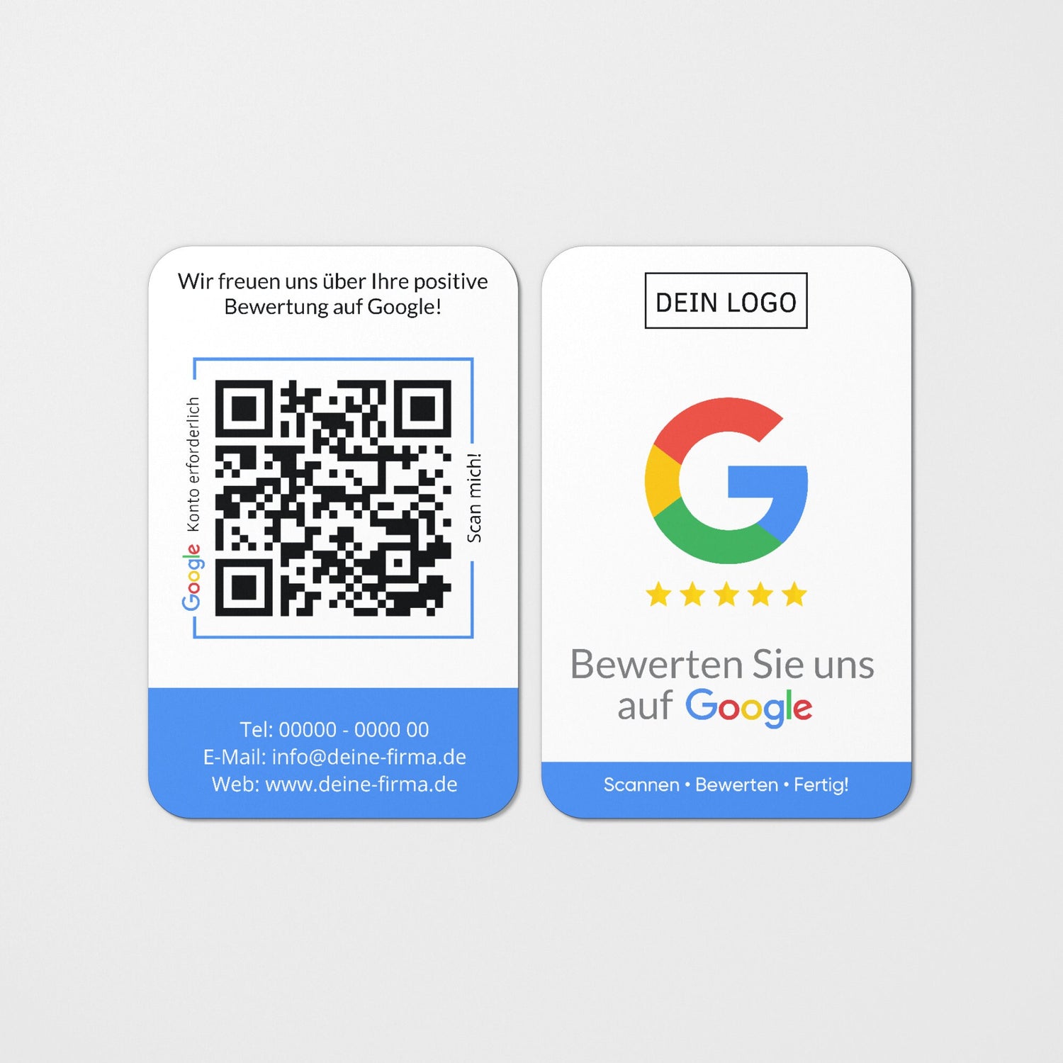 Blaue Bewertungskarten mit Logo für Google mit QR-Code