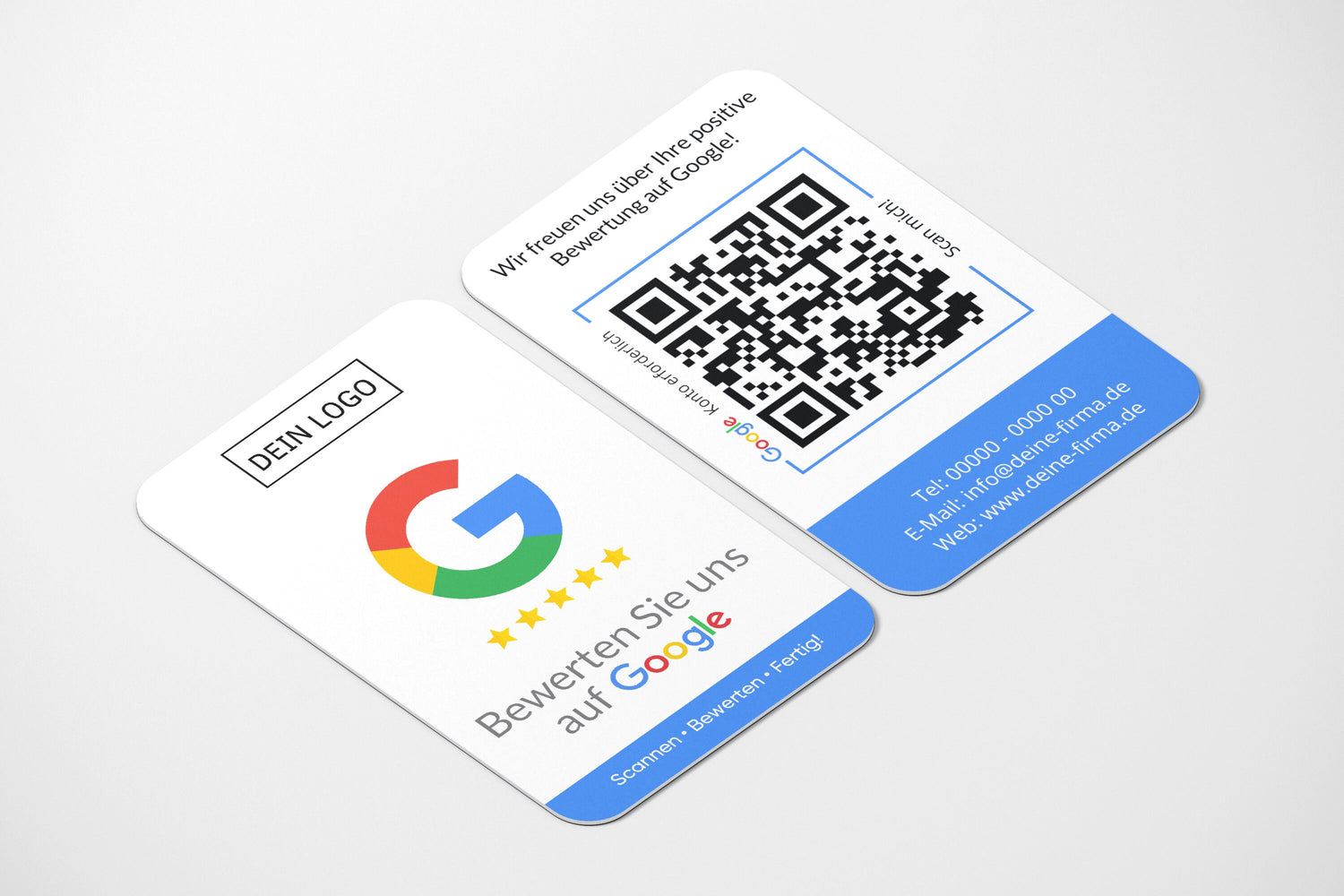 Blaue Bewertungskarten mit Logo für Google mit QR-Code