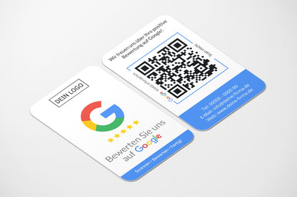 Blaue Bewertungskarten mit Logo für Google mit QR-Code