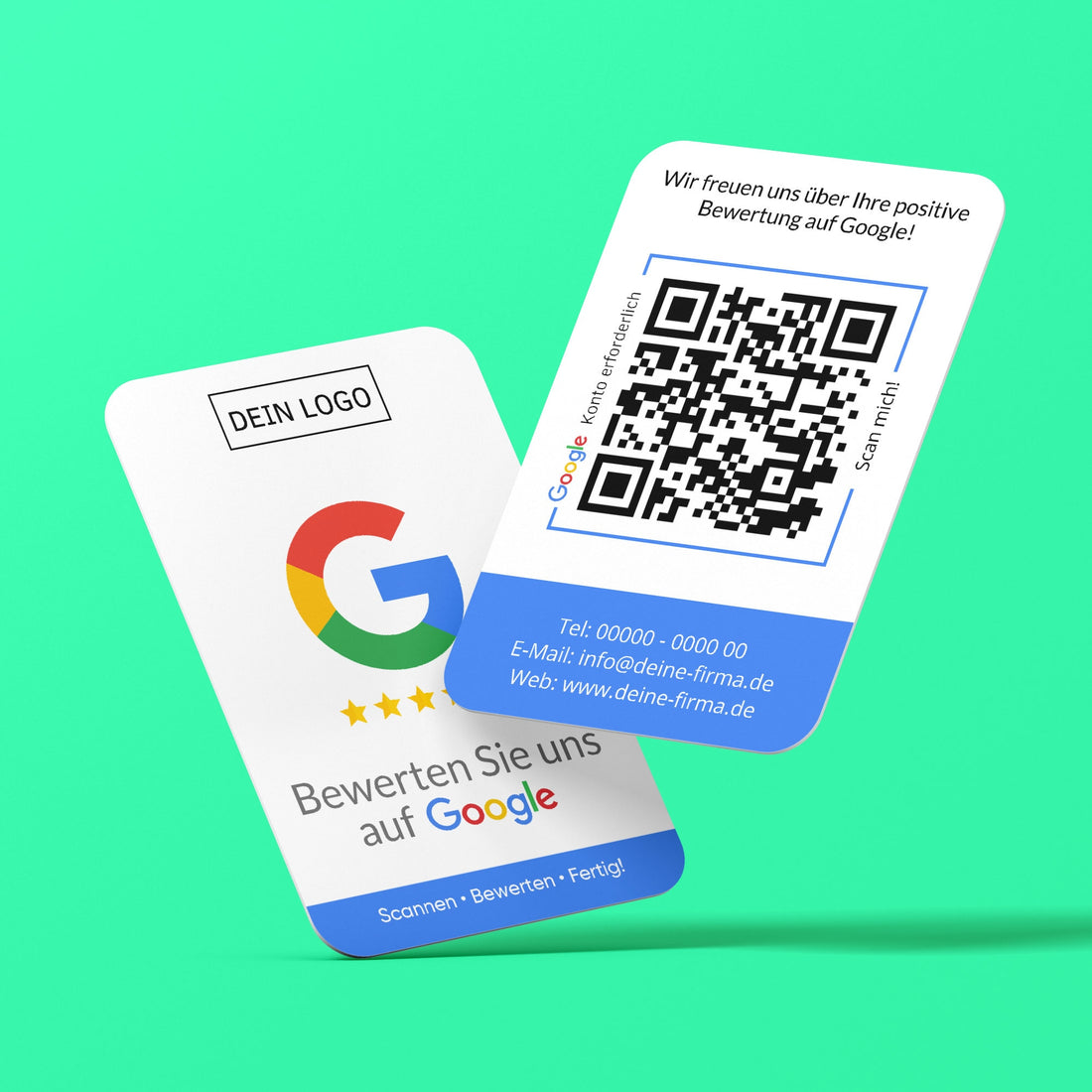 Blaue Bewertungskarten mit Logo für Google mit QR-Code