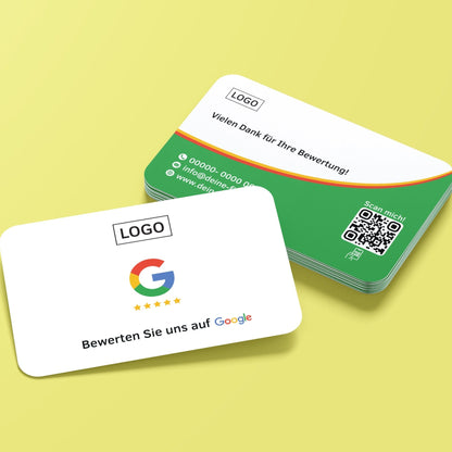 Google Bewertungskarten – Weiß mit Rot-Grünen Akzenten und Firmenlogo, QR-Code, Kontaktinfos