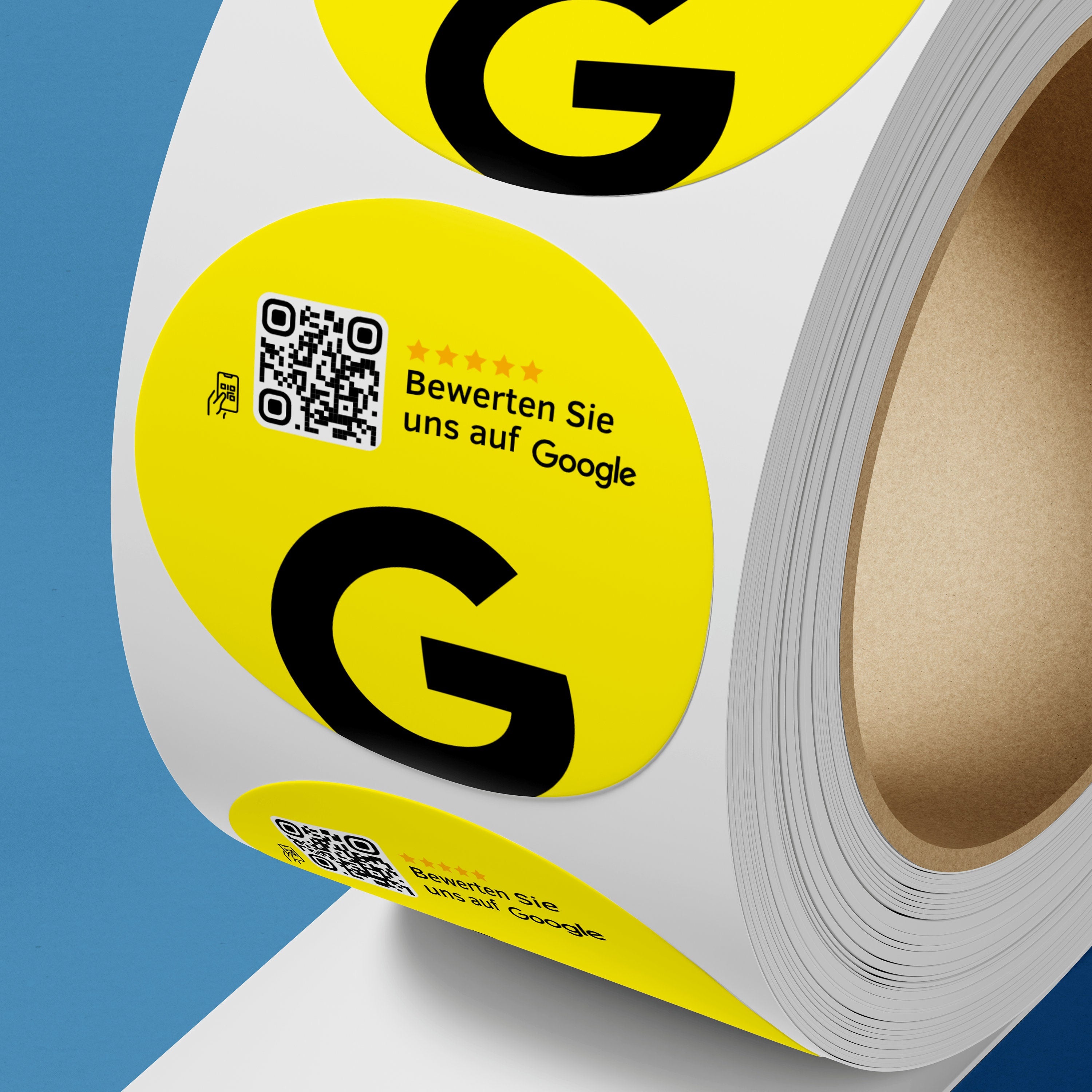 Google Bewertung QR-Code Sticker - Personalisierte Etiketten auf Rolle Gelb